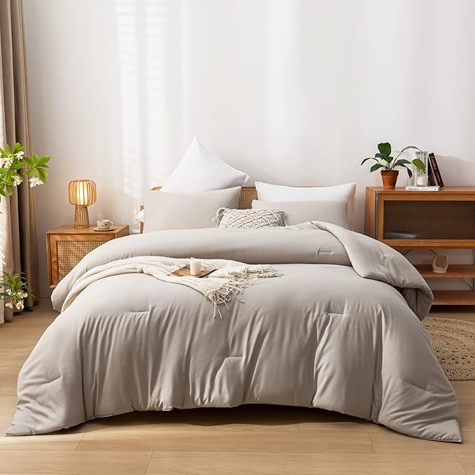Queen Comforter Solid Color 3PCS Boho Bed Comforter Set Queen Size Tannish Grey Soft Lightweight Down Alternative Microfiber Comforter for All Season (1 Comforter, 2 Pillowcases)