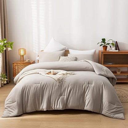Queen Comforter Solid Color 3PCS Boho Bed Comforter Set Queen Size Tannish Grey Soft Lightweight Down Alternative Microfiber Comforter for All Season (1 Comforter, 2 Pillowcases)