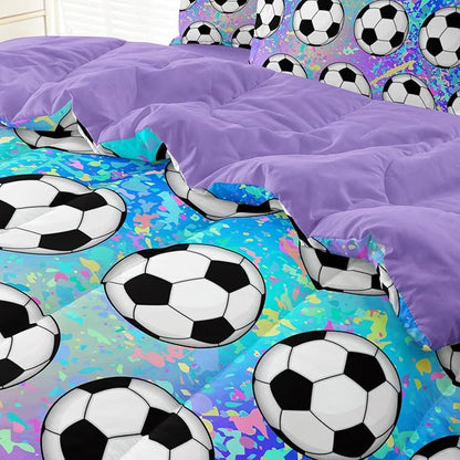 4 Piece Girls Soccer Bedding Set Twin Size Colorful Soccer Comforter Set for Teen Girls Kids Twin Bed in a Bag Set with Sheets Twin Bed Sets for Teenage