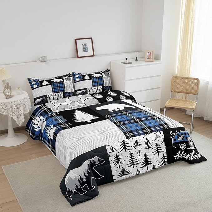 Bear Paws Comforter Set Full Size,Pine Trees Geometric Plaids Patchwork Bedding Set for Kids Boys Girls Adults Room Decor,Hunting Adventure Down Comforter,Blue Rustic Duvet Insert,2 Pillowcases