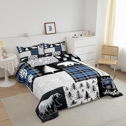 Bear Paws Comforter Set Full Size,Pine Trees Geometric Plaids Patchwork Bedding Set for Kids Boys Girls Adults Room Decor,Hunting Adventure Down Comforter,Blue Rustic Duvet Insert,2 Pillowcases