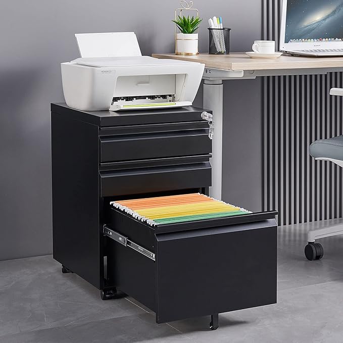 3-Drawer Mobile Lock and 5 Casters,Pre-Assembled Metal Office Storage Filing Cabinets w/ 1 Removable Hanging Rods,for Legal/Letter Size,Black