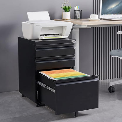 3-Drawer Mobile Lock and 5 Casters,Pre-Assembled Metal Office Storage Filing Cabinets w/ 1 Removable Hanging Rods,for Legal/Letter Size,Black