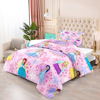 Princess Comforter Sets Twin for Girls, Cute Princess Bedding Comforter Sets, Pink Twin Size Comforter Set for Girls Kids Twin Bedding Set with 1 Pillowcase