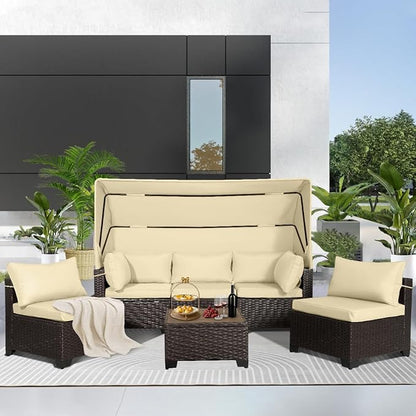 6 PCS Outdoor Patio Furniture Set,Sectional Sofa Set,Rattan Daybed with Retractable Canopy,Adjustable Backrest,Storage Coffee Table,Chaise Chair Sunbed for Porch Garden Poolside Backyard(Beige)