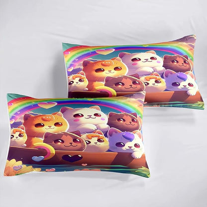 Cat Bedding Set Queen Size, Cartoon Cat Comforter Set, Lovely Animal Pattern and Rainbow Prints Bedding Sets for Kids Girls Kawaii Cat Queen Size Quilt Sets with 2 Pillowcases