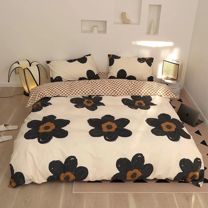 Black and White Comforter Set Black Floral Bedding Twin Comforter Set Hand-Drawn Flowers Cotton Women Modern Elegant Chic Quilts Blankets Lightweight Black Flower Reversible Bed Comforter Set