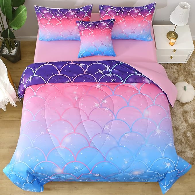JQinHome Queen Size Mermaid Comforter Set, 6 Piece Bed in A Bag 3D Colorful Bedding Set for Girls kids (1 Comforter,2 Pillowcases,1 Flat Sheet,1 Fitted Sheet,1 Cushion Cover)(Pink Mermaid Scale)