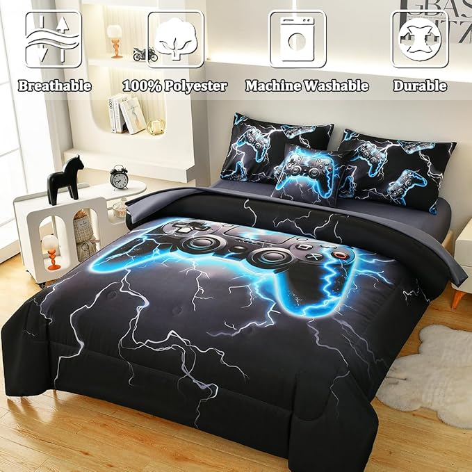 Game Console Twin Comforter Set with Sheets, Microfiber 6 Pcs Bed in A Bag Twin Size Gamer Bedding Set for Boys Kids Teens