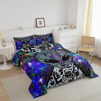 Feelyou Alien Printed Comforter Kids Galaxy Outer Space Themed Bedding Set Boys Girls Trippy Alien Hippie Skull Decor Comforter Set Colorful Tie Dye Quilted Duvet Bedroom Bed Set Full Size…