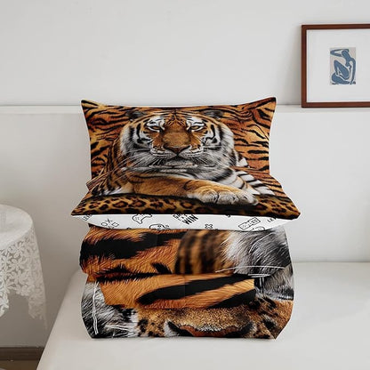 Tiger 3D Print Comforter Set King Size,Wild Animals Bedding Set 3pcs for Kids Teens Adults Bedroom Decor,Abstract Animal Fur Quilt Set Soft Breathable Duvet Insert with 2 Pillowcases,Brown Rustic