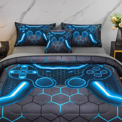 6Pcs Game Console Comforter Set with Sheets for Boys Girls Kids Teens, Geometric Gaming Themed Bed in A Bag Twin Size, Blue 3D Video Gamer Controller Bedroom Decor Bedding Set