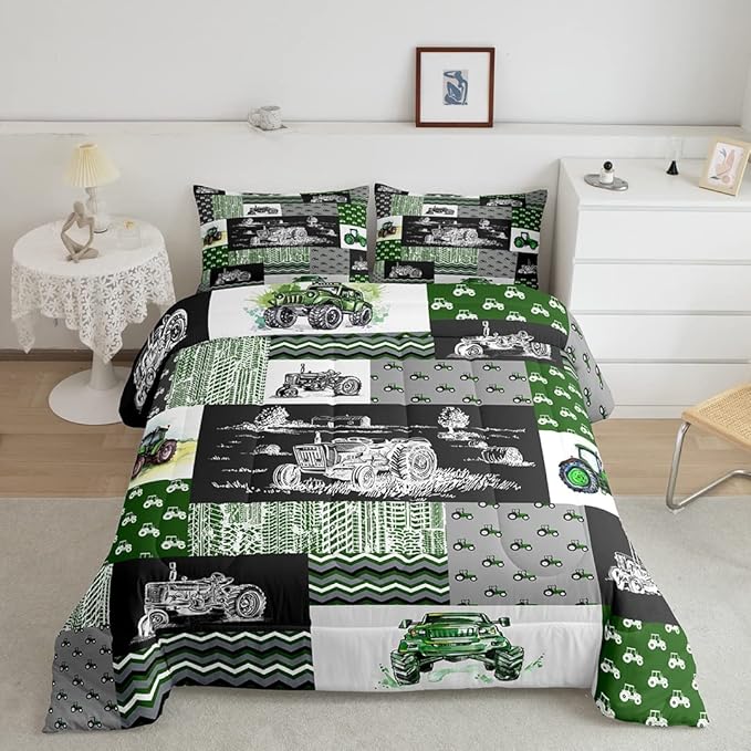 Equipment Trucks Comforter Set Queen, Tractor Down Comforter, Green Vehicle Duvet Set for Child Kids Child Boys Teens Construction Excavator Construction Site Car Quilt Set for Bedroom Decor Gift