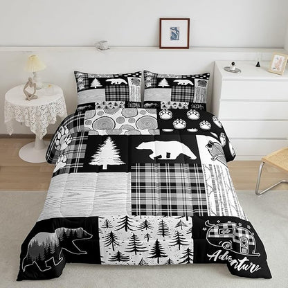 Bear Plaids Comforter Set King Size,Pine Trees Animals Hunting Bedding Set for Kids Boys Girls Adults Room Decor,Adventure Rustic Farmhouse Down Comforter,Black Retro Duvet Insert,2 Pillowcases