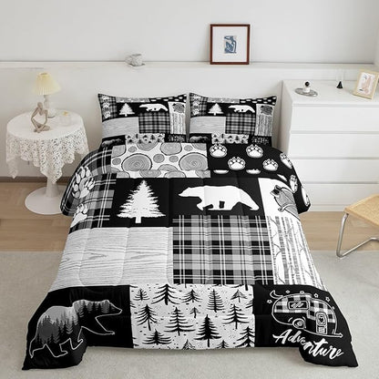 Bear Plaids Comforter Set Queen Size,Pine Trees Animals Hunting Bedding Set for Kids Boys Girls Adults Room Decor,Adventure Rustic Farmhouse Down Comforter,Black Retro Duvet Insert,2 Pillowcases