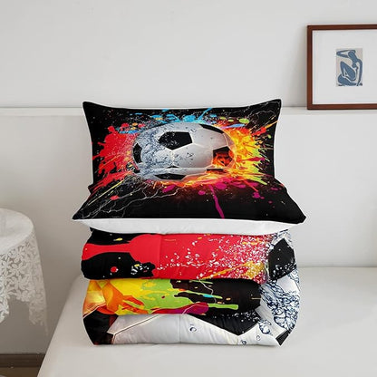 Kids Soccer Queen Size Comforter Set For Boys Football Sports Bedding Set Teen Colorful Grunge Hippie Tie Dye Quilt Comforter Red Blue Water Fire Lightning Duvet Insert Lightweight Bedroom Dorm Decor