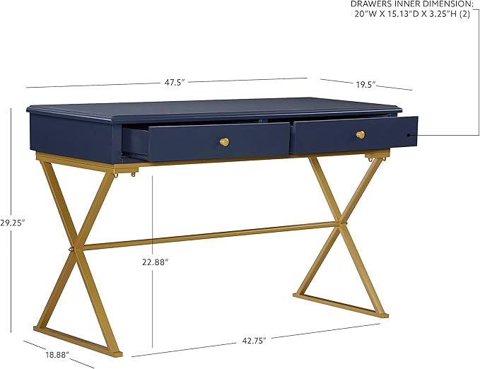 Linon Campaign Desk Navy with Gold Legs, Blue