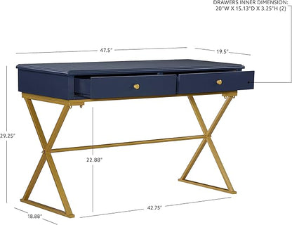Linon Campaign Desk Navy with Gold Legs, Blue