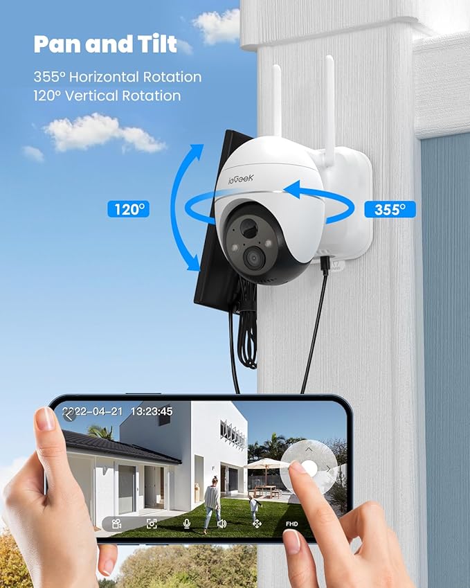 ieGeek Security Cameras Wireless Outdoor, 2K WiFi Home Security System 360° PTZ Camera 2 Pack, Solar/Battery Powered Cam with Spotlight/Siren/AI/Motion Sensor/3MP Color Night Vision, Works with Alexa