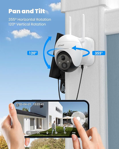 ieGeek Security Cameras Wireless Outdoor, 2K WiFi Home Security System 360° PTZ Camera 2 Pack, Solar/Battery Powered Cam with Spotlight/Siren/AI/Motion Sensor/3MP Color Night Vision, Works with Alexa