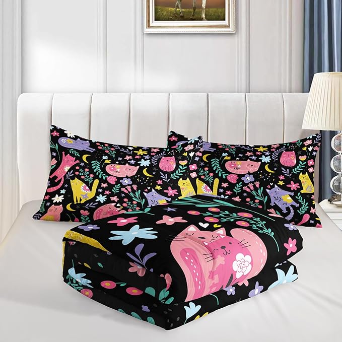 Floral Cat Comforter Twin Size,Black Cats Comforter Set for Kids Teens Girls,3Pcs Bedding Set Printed Comforter with 2 Pillowcases,Down Alternative,Soft and Lightweight(Black，Twin Size)
