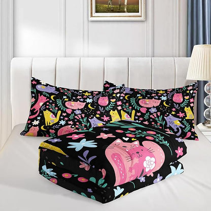 Floral Cat Comforter Queen Size,Black Cats Comforter Set for Kids Teens Girls,3Pcs Bedding Set Printed Comforter with 2 Pillowcases,Down Alternative,Soft and Lightweight(Black，Queen Size)