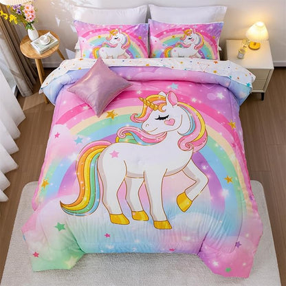 Aimuan Girls Unicorn Comforter Set 6 Pieces Pink Purple Bedding Set with Rainbow Star Galaxy Stars Fantasy Children Room Decor Soft Reversible Bed Sets for Boys/Girls/Teens (Rainbow Full6Pcs)