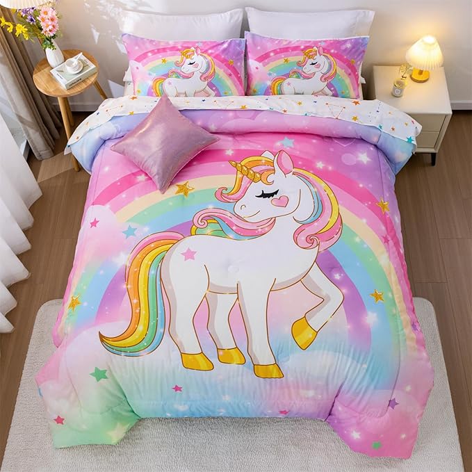 Aimuan Girls Unicorn Comforter Set 6 Pieces Pink Purple Bedding Set with Rainbow Star Galaxy Stars Fantasy Children Room Decor Soft Reversible Bed Sets for Boys/Girls/Teens (Rainbow Twin6Pcs)