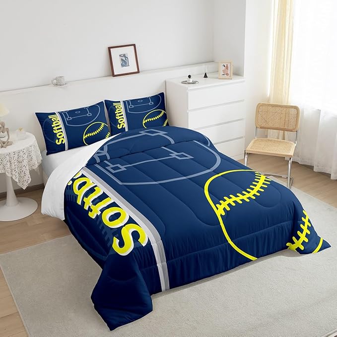 Feelyou Kids Softball Comforter Set Full Size Sports Game Bedding Set for Boys Girls Teens Bedroom Decor Baseball Comforter Women Men Softball Gaming Duvet Set with 2 Pillow Case