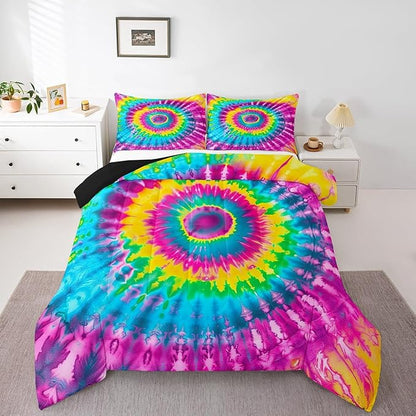 2 Piece Rainbow Tie Dye Comforter Set with 1 Pillowcase Boho Psychedelic Bedding Set for Kids Girls Teens Bohemian Gypsy Exotic Spiral Quilted Duvet Soft Comfy, Watercolor Art Down Comforter,Twin