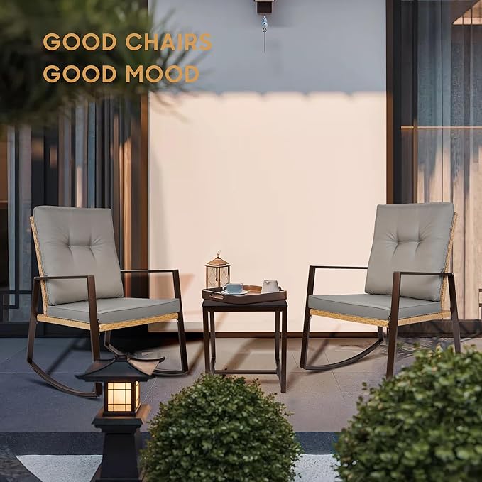 YIYAN 3 Piece Bistro Set Outdoor Patio Rocking Wicker Chairs, Patio Outdoor Furniture Conversation Sets with Porch Chairs,Coffee Table and Washable Cushion(Gray)