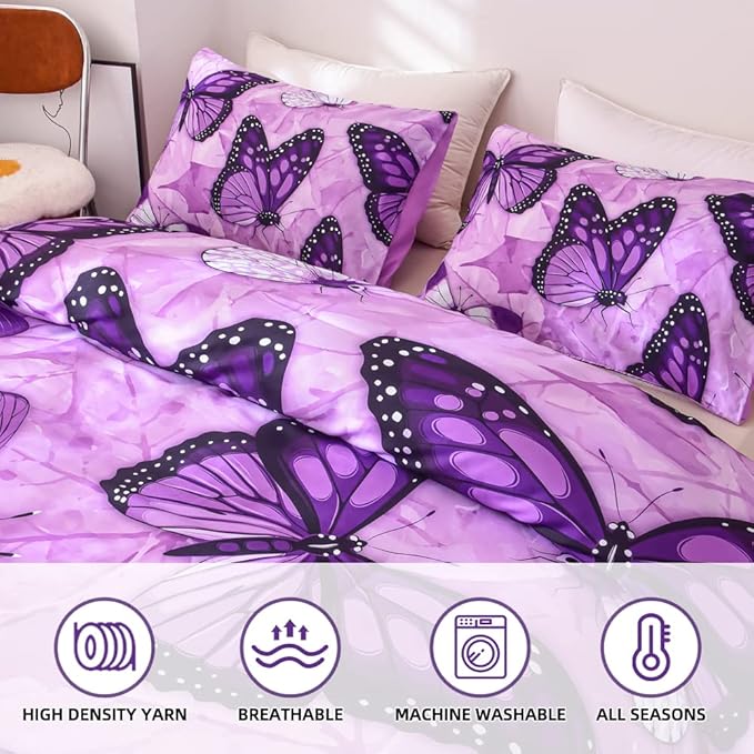 Btargot 3 Piece Purple Butterfly Girls Kids Adults Queen Size Comforter Set, Lightweight Soft All Season Bedding Set with 2 Pillowcases