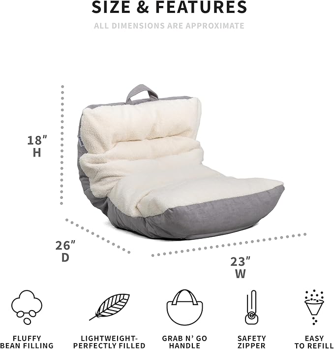 Big Joe Roma Kid's Bean Bag Chair, Oat Sherpa and Graphite, Vegan Suede, 2 feet