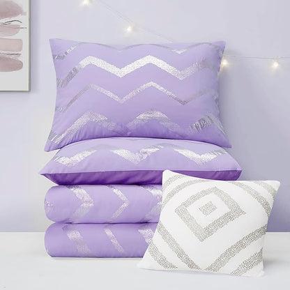 Codi Purple Comforter Set Full - Metallic Silver and Lavender Bedding Sets Queen Size - 4 Piece Set for Girls, includes 1 Comforter, 1 Decorative Pillow, 2 Pillow Cases - All Season Warm