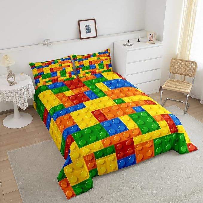 Feelyou Games Comforter Set Full Size Building Blocks Bedding Set for Kids Boys Girls Colorful Geometric Toy Brick Comforter Inner Fill Toddler Gaming Bedroom Nursery Quilt Duvet Set with 2 Pillowcase