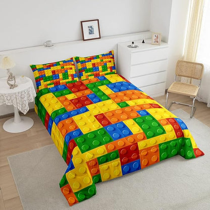 Feelyou Games Comforter Set Full Size Building Blocks Bedding Set for Kids Boys Girls Colorful Geometric Toy Brick Comforter Inner Fill Toddler Gaming Bedroom Nursery Quilt Duvet Set with 2 Pillowcase