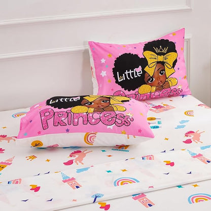 A Nice Night Black Girl Little Princess Comforter Set, Pink 6Pcs Bed in A Bag Full Size Sparkling Stars Bedding Set,for Kids, Girls