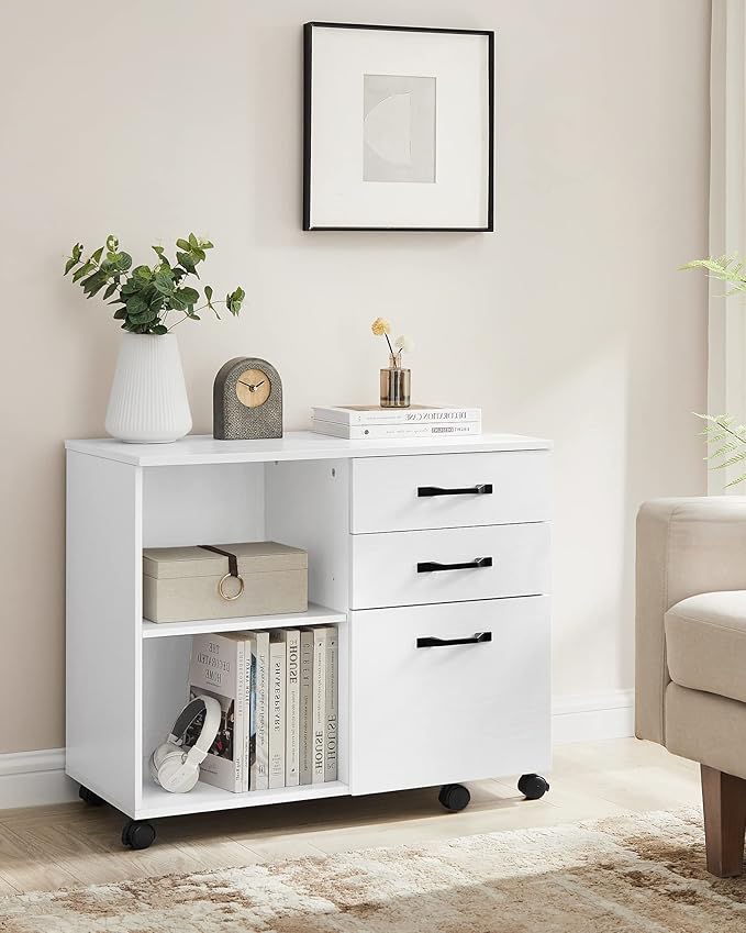 VASAGLE Lateral File Cabinet, Home Office Printer Stand, with 3 Drawers and Open Storage Shelves, for A4, Letter-Size Documents, White, 15.7”D x 31.5”W x 26”H