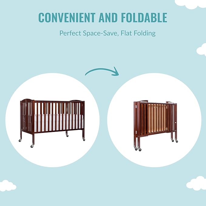 Folding Full Size Convenience Crib In Espresso, Two Adjustable Mattress Height Positions, Comes With Heavy Duty Locking Wheels, Flat Folding Crib