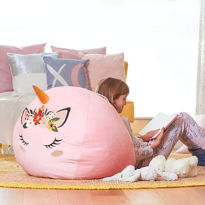 Aubliss Stuffed Animal Storage, Velvet Bean Bag Chairs Cover, Large 32" Ultra Soft Kids Toy Storage Organizer for Blankets Towels Clothes, Pink Floral