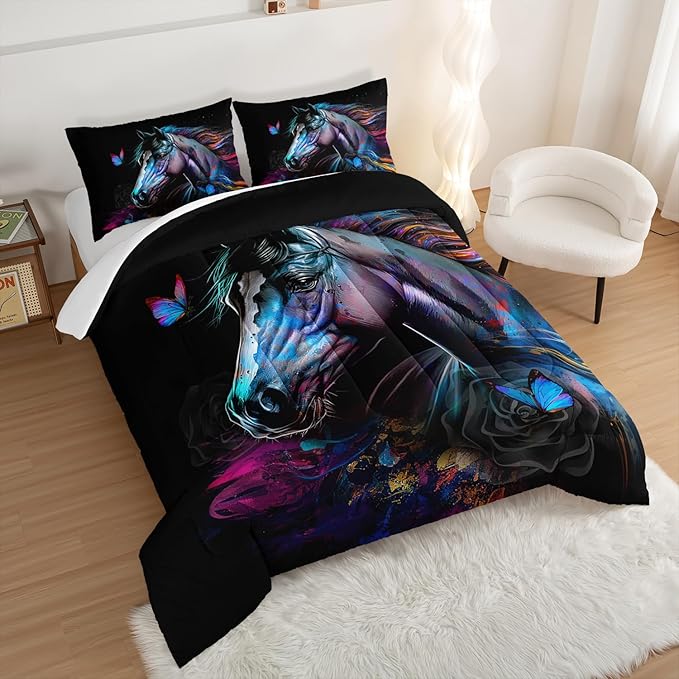 HOSIMA 3 Pieces Art Horse Comforter with 2 Pillowcases,Wildlife Horse Butterfly Black Queen Comforter Set Boys Teens Aesthetic Room Decor,Animal Bedding Queen Size Bed in a Bag Sets for adults.