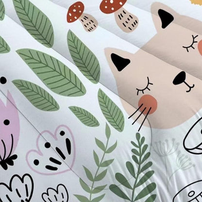 Cartoon Cat Comforter Set Queen Size Floral Bedding for Teen Girls Boys Women Green Animals Print Bedroom Quilt 1 Comforter + 2 Pillow Cases