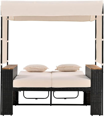 Outdoor Patio Conversation Set, 2-Piece Patio Bench Rattan Roof Set, Effective UV Protection Fabric & Waterproof Cushions and Adjustable Backrest for Garden, Backyard and Porch