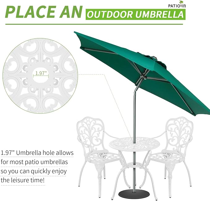 Bistro Table and Chairs Set of 2, Patio Furniture Bistro Set, Cast Aluminum Bistro Set 3 Piece Outdoor with Umbrella Hole for Balcony