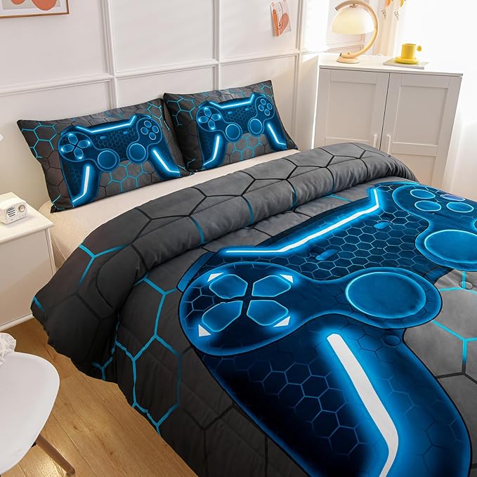 NTBED Game Console Comforter Set for Boys Girls Kids 3D Gaming Geometric Lightweight Microfiber Bedding Sets (Blue, King)