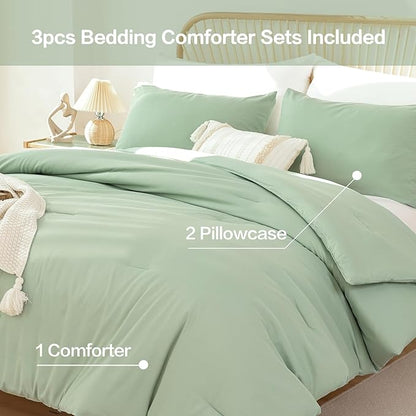 ROSGONIA Full Size Comforter Sets for Girls Boys Teens Sage Green, 3pcs(1 Comforter & 2 Pillowcases), Soft Kids Comforter Sets All Season Dorm Bedding
