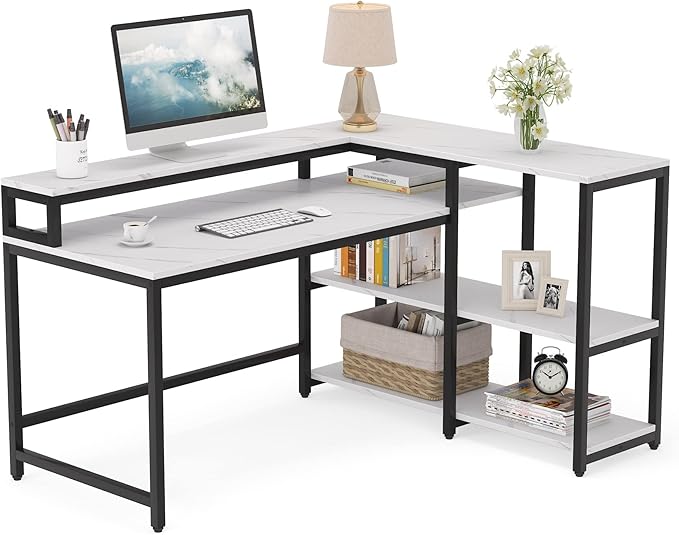 Reversible L Shaped Computer Desk with Storage Shelf, Industrial Corner Desk with Monitor Stand for Home Office