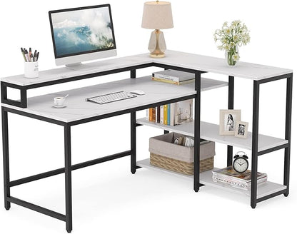 Reversible L Shaped Computer Desk with Storage Shelf, Industrial Corner Desk with Monitor Stand for Home Office