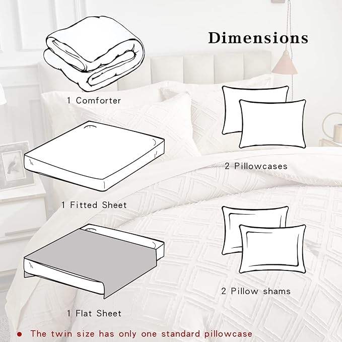 7 Pieces Tufted Bed in a Bag King Comforter Set with Sheets Beige, Soft and Embroidery Shabby Chic Boho Bohemian, Luxury Solid Color with Diamond Pattern, Jacquard Tufts Bedding Set for All Season