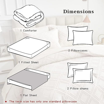 7 Pieces Tufted Bed in a Bag King Comforter Set with Sheets Beige, Soft and Embroidery Shabby Chic Boho Bohemian, Luxury Solid Color with Diamond Pattern, Jacquard Tufts Bedding Set for All Season